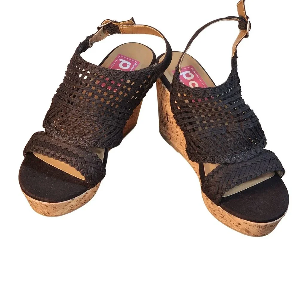 Womens Black Wedge Sandals Cork Heel Woven Braided Open‎ Toe